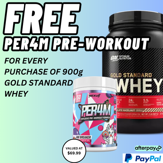 Gold Standard Whey 900g + Free PER4M Supplement – Protein & Performance Boost Combo